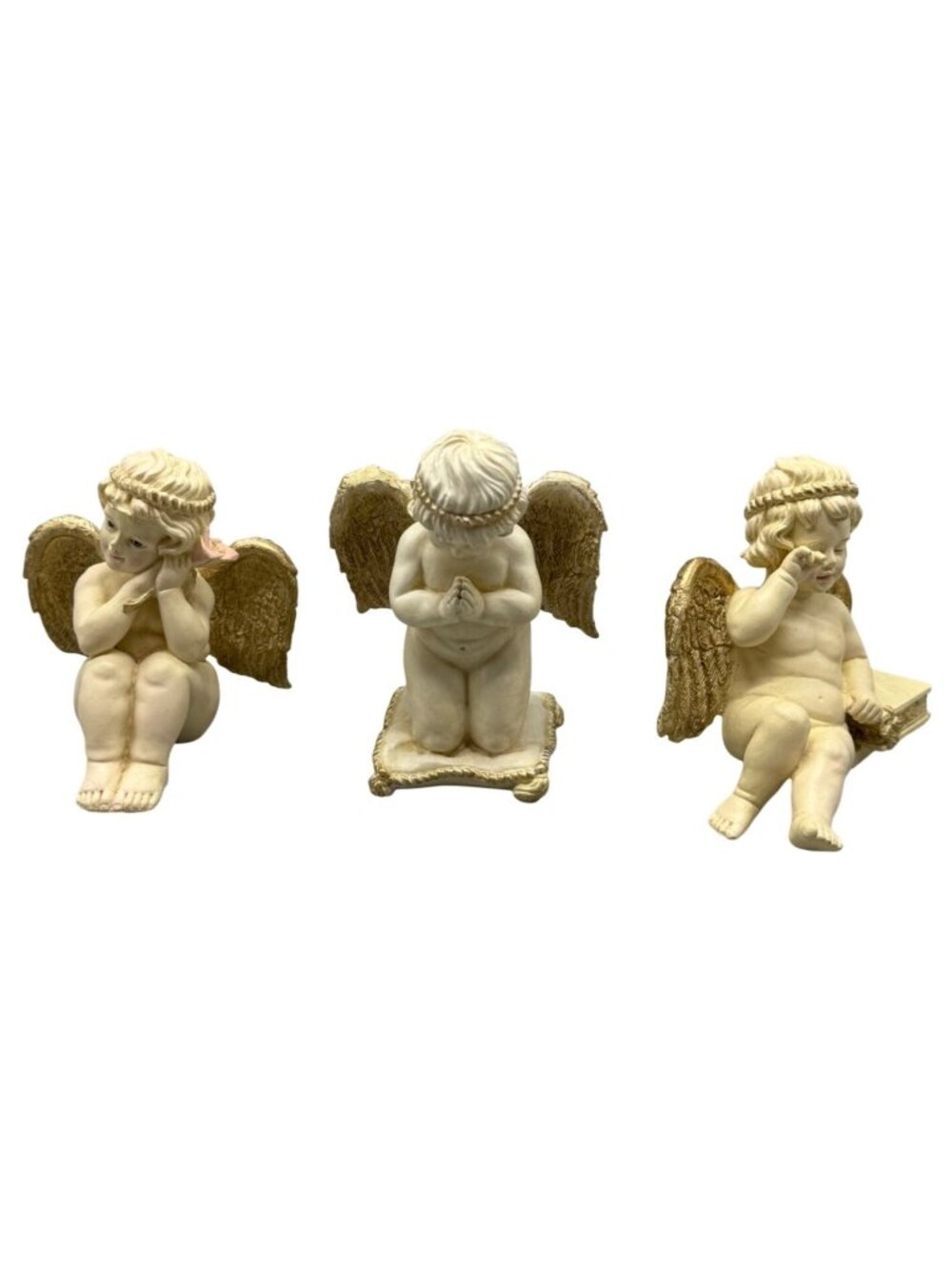 Set Of 3 Resin Cherub Angel Figurines With Golden Wings ivory decor READ